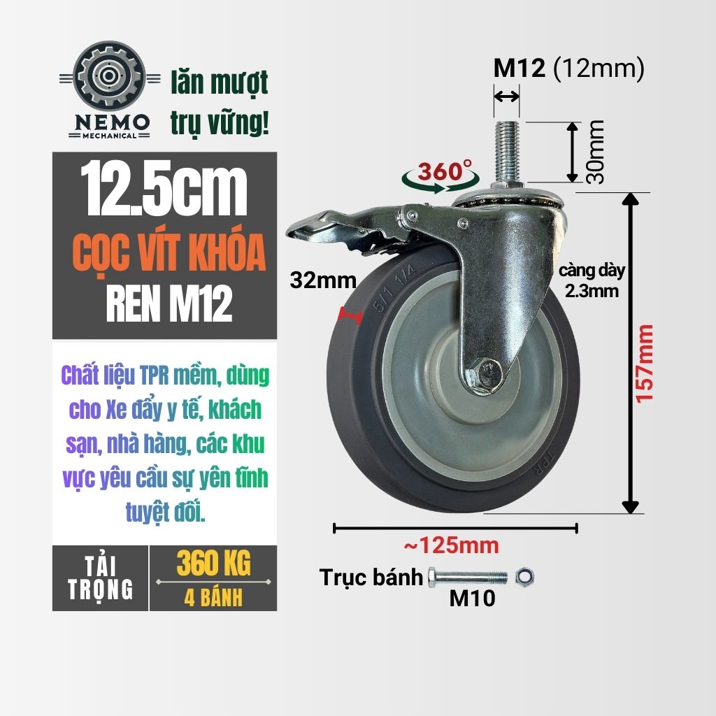 Bánh Xe Cao Su TPR Xám Cọc Vít M12 – Chống Ồn, Giảm Chấn (D75, D100, D125)